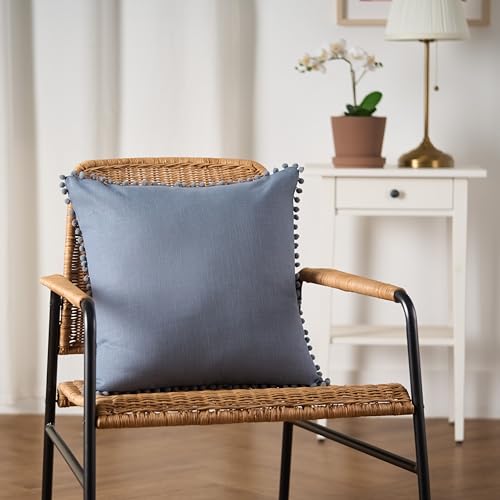 Image of 100% Cotton Pom Pom Cushion with Filler, Elegant & Modern Cushion Cover for Living Room, Square Shape, 16 inchx16 inch, uni slub, Set of 3 - Denim Grey