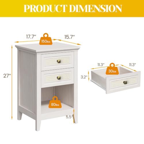 Image of 2-Pack Bedside Tables with Storage, Boho Rattan Nightstand with Drawer, 27 inch Tall Wood Accent Table for Bedroom, Modern Grayish White Couch Side Table for Small Spaces