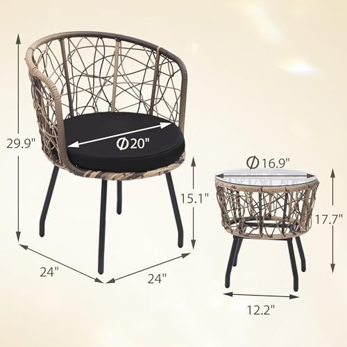 Image of Kromax 3-Piece Patio Modern Bistro Set, Natural /Black | Outdoor All-Weather Wicker Furniture Chairs and Side Table Set, Ideal for Balcony, Porch and Backyard