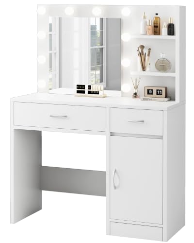 Image of LIVELYGLOW 35.4 inch White Makeup Vanity Desk with 10 Hollywood Light Bulbs | Dimmable Lighting, Large Mirror, Storage Cabinet
