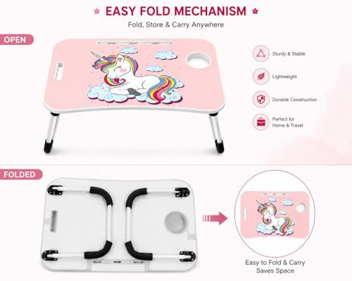 Image of Foldable Laptop Table for Bed with Cup Holder & Tablet Slot, Pink Unicorn Theme Portable Study Table for Kids & Adults, Multipurpose Breakfast Bed Desk for Work, Reading & Drawing
