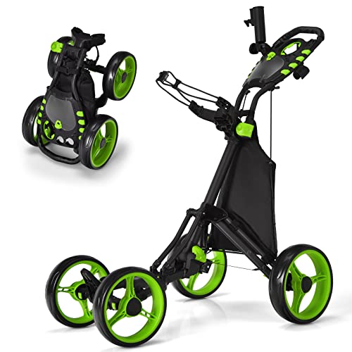 COSTWAY Carrito Golf Plegable Ligero de 4 Ruedas, Carrito de Golf con Bolsa Impermeable y Freno de Pie, Soporte para Paraguas Ajustable y Taza, Mango Ajustable en Altura (Verde)