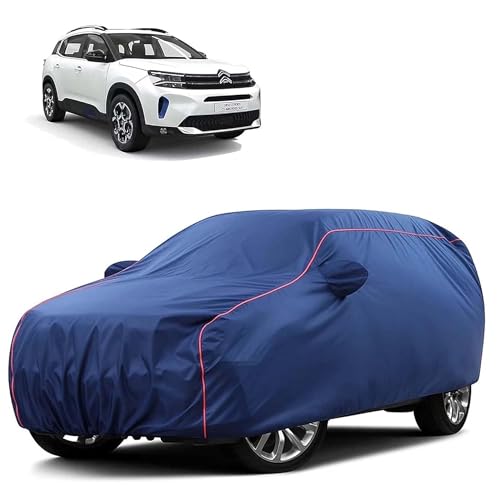 Image of Sulfar 100% Water Resistant Car Body Cover Compatible with Mirror for CITROEN C5 AIRCROSS SUV (Triple Stitched, Full Bottom Elastic, Blue Tafetta with Red Piping)
