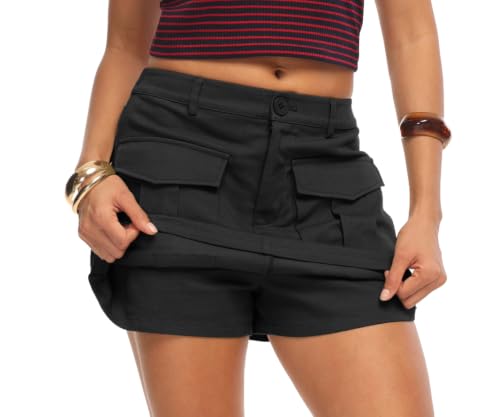 HiMONE High Waisted Cargo Skort for Women Mini Skirt with Shorts Underneath Casual Utility Style with Pockets(Black-XS)