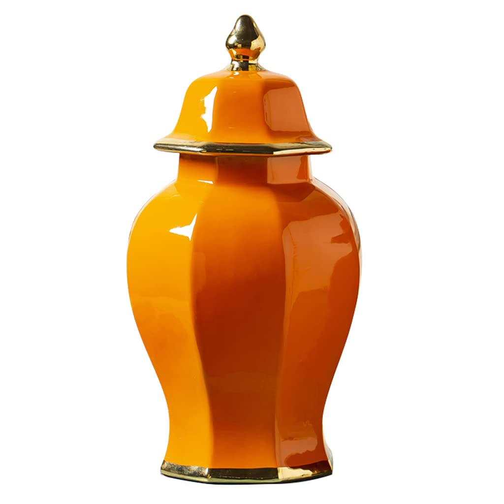 asdchZen Ginger Jar Vase With Lid Porcelain Ginger Jar With Gold Trim Ceramic Decorative Jars For Home Office Table Living Room Bookshelf Mantle Fireplace Centerpieces Green-L,Orange-Large