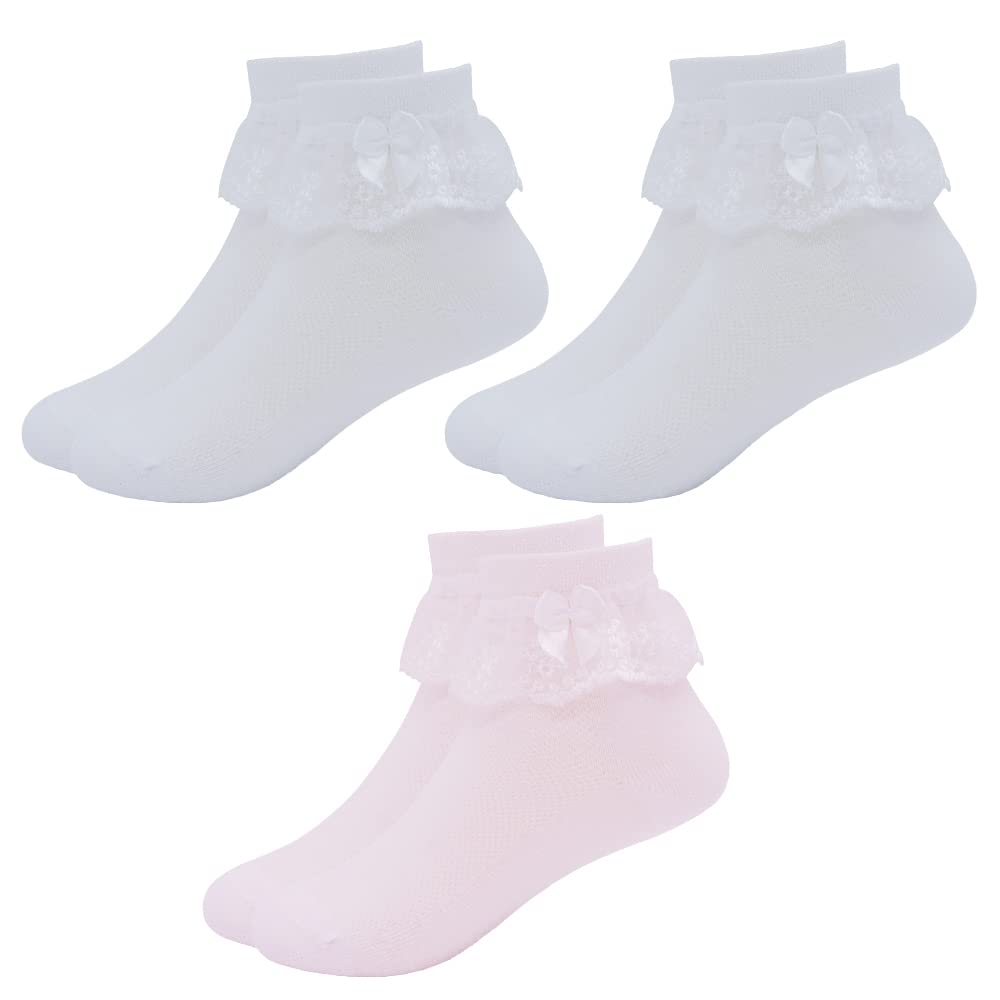 Snegyu Paquete de 3 calcetines escolares blancos de algodón para niñas, con volantes y encaje en la parte superior de los lazos calcetines delgados de verano 3-5 Años