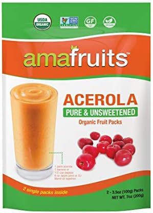 Amafruits Acerola Frozen Puree Pure and Unsweetened Smoothie and Bowl Packs | USDA Organic | Non-GMO Certified | Zero Sugar| Immunity Support |100% Natural Superfruit| 20 Packs x 3.5oz