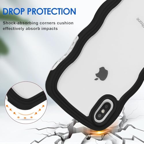 Image of GoldKart iPhone Xs Max Case Wavy Edge Clear Back Design, Anti-Slip Grip Cute Wave Curly Frame Shape Shockproof Soft TPU & Hard PC Bumper Protective Phone Case Cover for Women Girls - Black