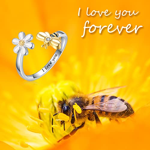 925-Sterling-Silver Daisy Flower Bee Ring For Women - White Gold Adjustable Wrap Open Thumb Toe Knuckle Rings Cute Animal Ring Simple Floral Jewelry Birthday Christmas Gift For Girls Teens #TOP4