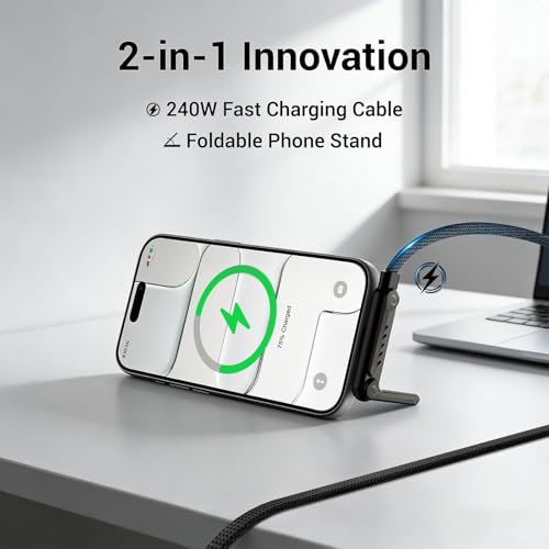 Image of Invisible Holder Charger Cable, 65W Fast Charging Cable for Desk, USB to USB C Cable 4.9 FT with 360 Adjustable Metal Stand, 2 in 1 Holder Charger for Gaming, Office, Home, Video Viewing, 3 pack
