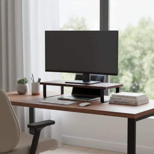 Image of flux Monitor Stand Wooden | Monitor Stand Riser | PC Stand For Desktop Table | Non Slip, Material: Particle Board & Metal (Red)