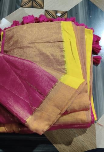 Image of Women's Mul Cotton Saree with Tassels | Soft Mulmul Saree | Woven Stripes & Zari Line | 5.5 Metres - Without Blouse