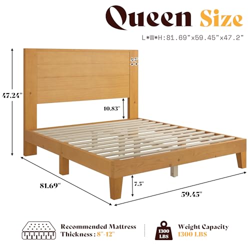 Image of AMERLIFE Queen Size Bed Frame with 48 inch Tall Headboard, Mid Century Modern Solid Wood Platform Bed with Silent Wood Slat System, No Box Spring Needed, Under-Bed Storage, Natural