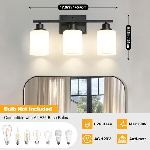 Image of Unicozin 3-Light Bathroom Light Fixtures, Modern Black Vanity Light Over Mirror, Wall Sconces with Milky White Glass Shades for Living Room Bedroom Hallway E26 Base