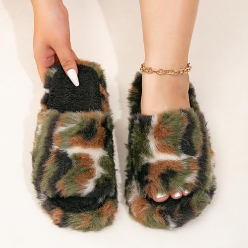 Plush Fluffy Slippers with Rhinestone Buckle Black Fuzzy House Shoes Platform Comfort Slides2