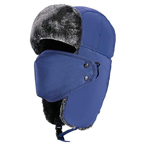 mysuntown Winter Hats for Women Men Trapper Ushanka Hat with Ear Flaps Warm Russian Bomber Hats for Cold Weather Large Blue