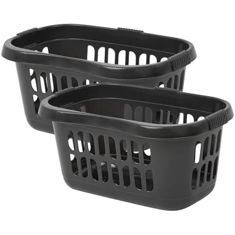 [Set of 2] Large 60L Laundry Basket Hamper Plastic Hipster Clothes Washing Bedding Linen Storage - Midnight Black/ Dark Grey Cover