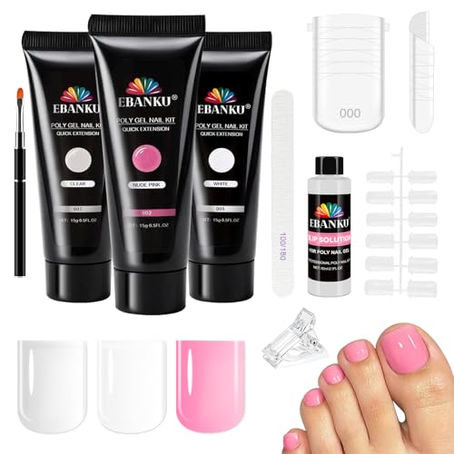 Poly Gel Toenail Kit EBANKU 3 Color Clear Pink White Poly Extension Nail Kit for Toes 16 Sizes Toenail Dual Forms Nail Starter Kit for Gel Toe Nail Extensions with Clips File Brushes