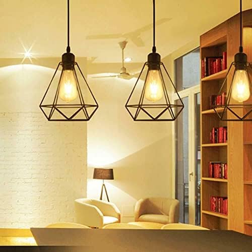 LEDSone Vintage Metal 3 Head Light Industrial Pendant Wire Cage Shade, Diamond Cage Black Hanging Ceiling Light E27 Holder Fitting with 50cm Ceiling Plate