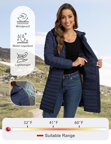ROYAL MATRIX Packable Puffer Jacket for Women Lightweight Hooded Quilted Long Travel Puffer Coat3