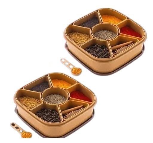 (2 PCS) Combo Plastic Square 7 Sections Multipurpose Masala Rangoli Dabba Set, Spice Set - Brown (Pack of 2) (Masaliyu - 7 in 1) Jy 110-image-45