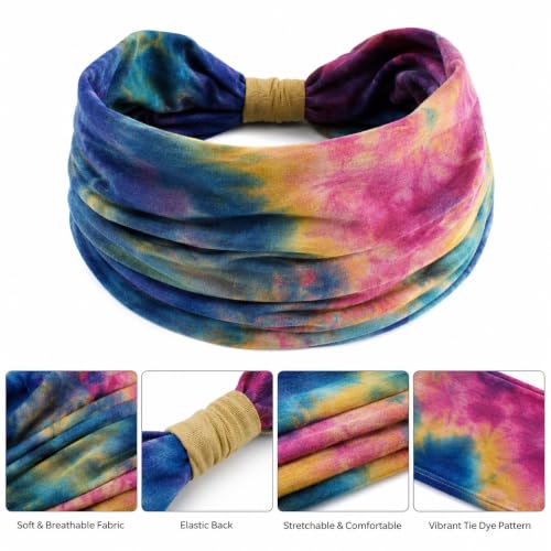 Image of DAZZLIQ Chic Tie-Dye Bandanas for Women Soft Wide Headband Workout Hair Band Sweat-Proof Gym Headband Cloth Hairband for Women Hair Scarf Running Yoga Sports (Mix Boho), Multi-Coloured, Microfiber