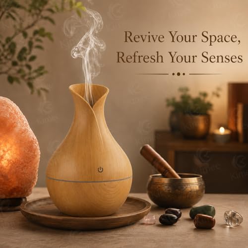 Image of KIMEE Aroma Diffuser Humidifier for Room & Home | Wood Grain Essential Oil Diffuser | Ultrasonic Cool Mist Air Humidifier for Bedroom | 3 Colour LED Light | Touch Control | Auto Shut-Off | 200ml