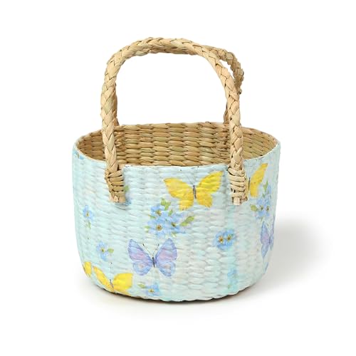 Image of Habere India-All the Cultures Fabricating India Handmade Gift Hamper Baskets | Cane Round Hamper | Fruit Baskets | Bamboo Organiser Basket | Jute Round Storage Basket - Blue (Design14 - D21xH29 cm)