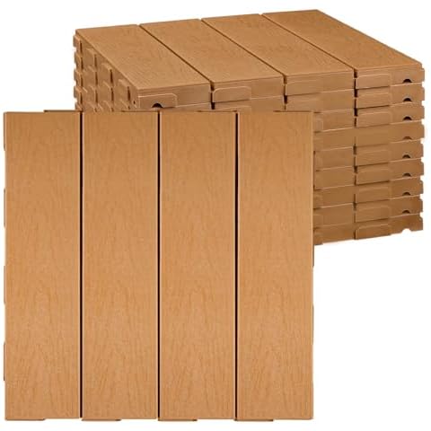 Famobay Plastic Interlocking Deck Tiles,Wood-Like Grain,Waterproof Outdoor Flooring All Weather Use, Patio Floor Decking Tiles for Porch Poolside Balcony Backyard (12"*12", Khaki, 9) Cover