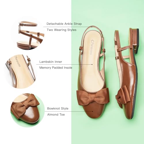 Image of C.Paravano Women's Slingback Dress Shoes | Sandals with Bows for Women| Casual Flat Shoes for Women | Almond Toe Slingback | Detachable Ankle Strap
