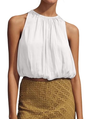 Ythomm Women’s Halter Crop Bubble Tops Summer Sleeveless Crewneck Puffy Hem Cropped Tank Tops Fitted Cute Going Out Shirt Top