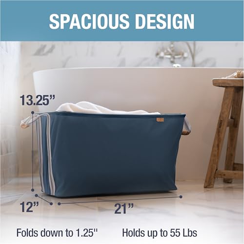 Image of CleverMade Collapsible Laundry Basket LUXE 2 Pack - 60 L (16 Gal) Foldable Cotton Blend Clothes Hamper with Vegan Leather Accents, Reinforced Handles, Space Saving Laundry Bin Holds 55 lbs - Navy