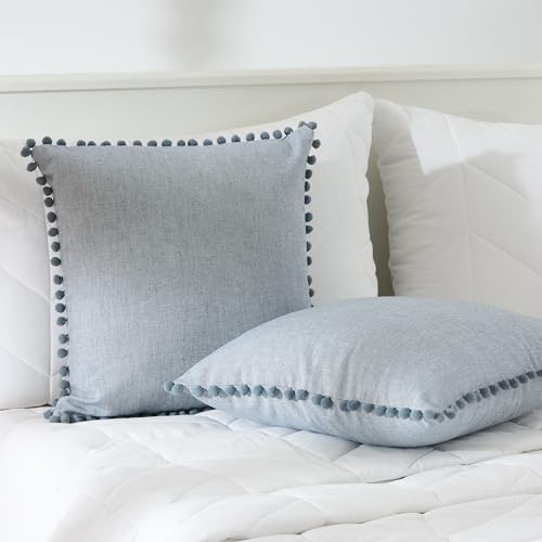 Image of 100% Cotton Pom Pom Cushion Without Filler, Elegant & Modern Cushion Cover for Living Room, Square Shape, 16 inchx16 inch, uni Chambray, Set of 4 - Denim Grey