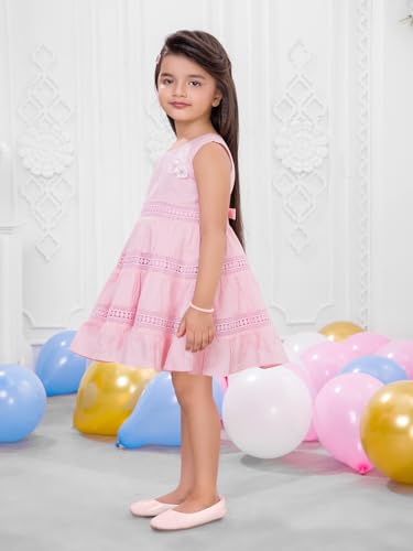 Image of Soft Cotton Lace Work Knee Length Fit & Flare Dress for Kids & Girls, Flower Embellished Frock for Casual & Special Occasion