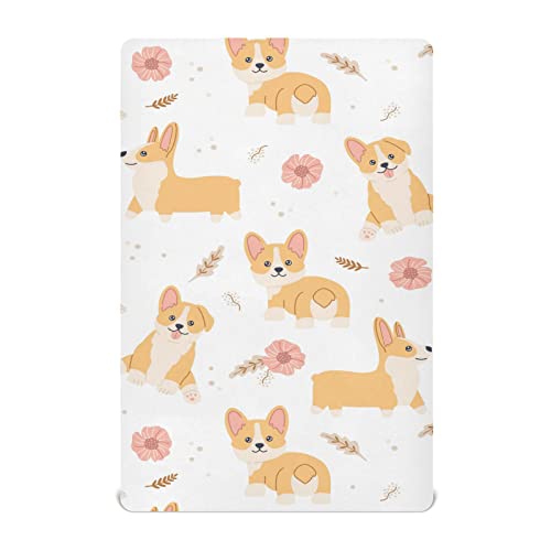 Image of Kawaii Welsh Corgi Dog Crib Sheets Soft Breathable Fitted Baby Crib Sheets Mattress Cover for Girl Boys, 52 inch x 28 inch x 9 inch