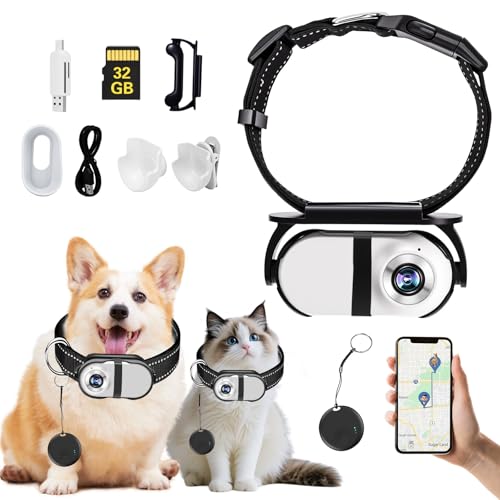 Pet Camera Collar with Air Tracker Tag for iOS, 1080P HD Wireless Dog Neck Cam - Compact Action Camera, Night Vision, 32GB Storage, No WiFi Needed, Light-Up Collar for Day & Night Monitoring