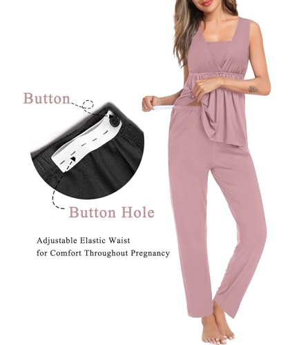 Image of SWOMOG Maternity Nursing Robe Set 3 Piece Breastfeeding Pajamas 3 in 1 Labor Delivery Sleevless Tops&Long Pants Pregnancy Pjs