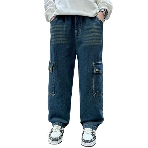 Boy's Cargo Jeans Elastic Waisted Baggy Denim Pants Kids Straight Leg Pull On Jeans with Pockets 6-14 Years