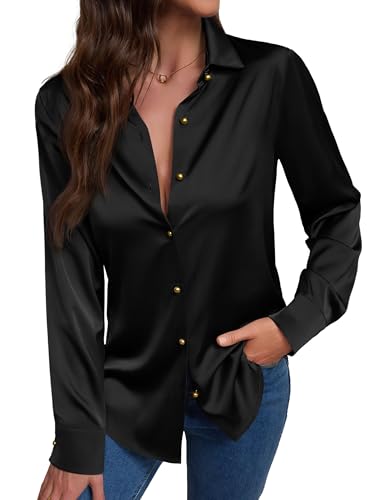 Black Silk Button Down Shirt Casual Classic-Fit Tops Women Long Sleeve Formal Satin Blouse Fashion Blouse 2025 Business Satin Shirt for Elegant Quick Dry Office Wear Tops Black XS
