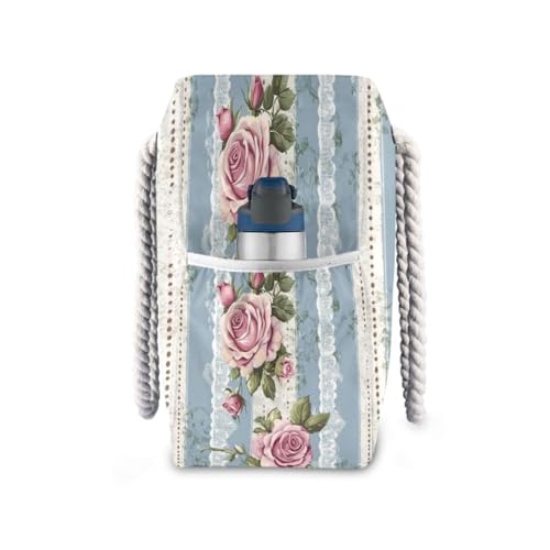 Striped Polka Dot Pattern with Roses (2) Beach Bag & Travel Tote Bag Large Sandproof with Zipper Closure, Wet Pouch for Swim Gym Travel, Lightweight Foldable Outdoor Bag3