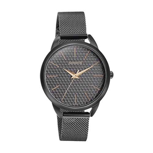 Image of Sonata Wedding Bling Quartz Analog Black Dial Black Stainless Steel Strap Watch for Women-87051NM01