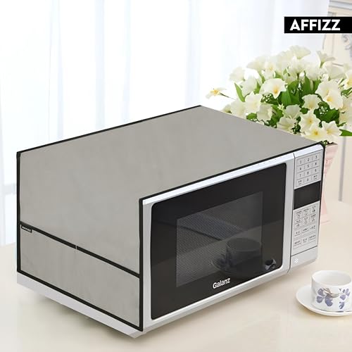 Image of Microwave Cover Top - Waterproof Dustproof Polyester Oven Cover for Kitchen with 4 Side Pockets, Modern Design, Grey (100 x 35 cm)