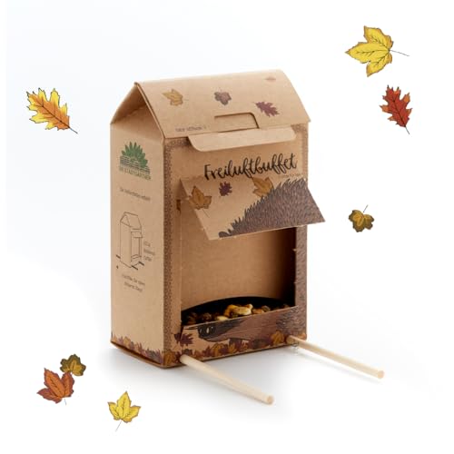 Die Stadtgärtner – Freiluftbuffet für Igel I Futterstelle für Igel I Wetterfeste Futterstation aus Naturkarton mit Holzstäben für einen sicheren Stand & 200g hochwertigem Igel-Futter