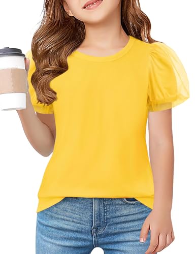 Image of Arshiner Girls Shirts Mesh Puff Short Sleeves Blouse Crewneck Cute Print Summer Kids Tee Tops