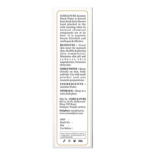 Image of CORE & PURE Jasmine Water 50 ML - For Matured & Dull Face | Mist /Spray Toner | Natural Essential Oil Hydrosol - (Pack of 2, 50ml)