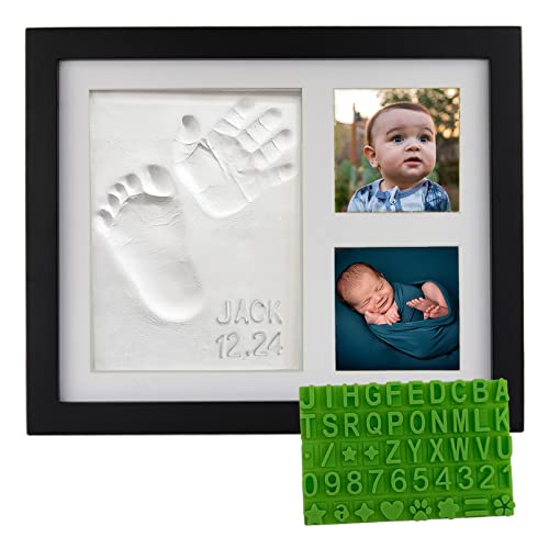 Image of Baby Hand & Footprint Clay Keepsake Photo Frame Kit - w/Silicone Stencil for a Personalized Gift. Wood Frame, Wall/Table Mount. Perfect Registry, Baby Shower, New Mom, Birthday & Newborn Gift - Black