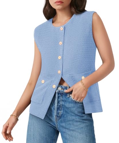 Image of Yousify Womens Sweater Vest Sleeveless Button Down Round Neck Knitted Tank Tops Casual Cardigan with Pockets
