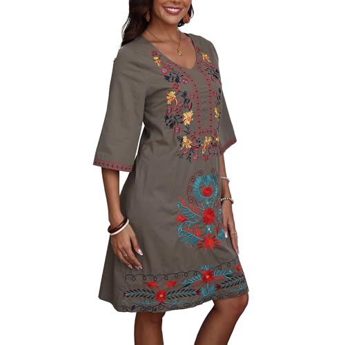 Image of Grosy Women's Embroidered Mexican Fiesta Dress Plus Size Traditional Floral Boho Dresses for Women Peasant Hippie Outfit