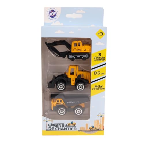 ENGINS DE CHANTIER - 3 Camions De Chantier - Véhicules d'Interventions - 021022 - 1/64 - Véhicule Roues Libres - Jaune - Métal - Travaux - Jouet Enfant - À Partir de...