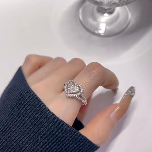 Dainty Women's White Gold Plated Pavé-Set Cluster White Cubic Zirconia Love Heart-shaped Wedding Promise Rings2